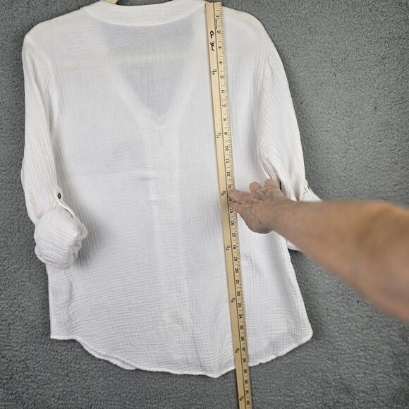 Side Stitch LA Cover Up Women M White Cotton Roll Tab Sleeves Lace Up V-Neck - Picture 10 of 12